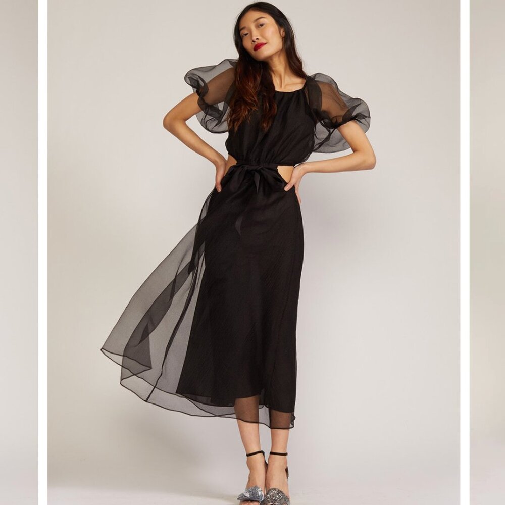 Elegant Black Puff-Sleeve Midi Dress - Brand: